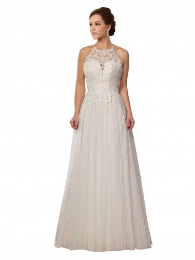 Tulle Illusion Neck Sweep Train A-Line Ivory Wedding Dress Derby