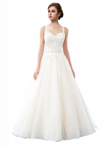 Tulle & Lace Illusion Neck A-Line Ivory Beach Wedding Dress Derby