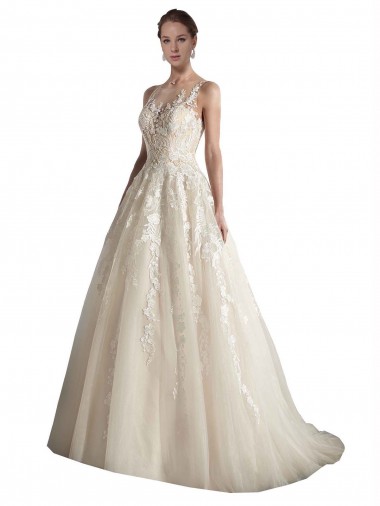 Tulle Illusion Neck A-Line Ivory & Champagne Wedding Dress Derby