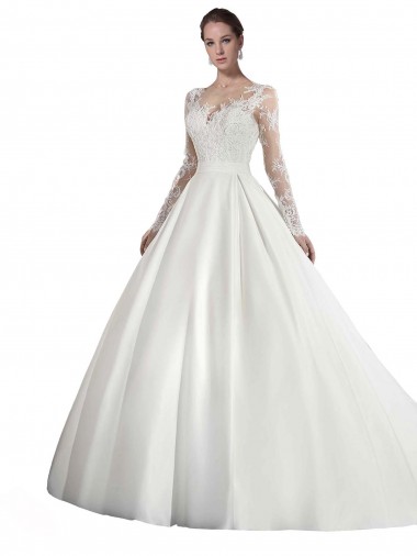 Satin & Lace Illusion Neck A-Line White Wedding Dress Derby