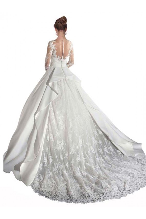 Satin & Lace Illusion Neck A-Line White Wedding Dress Derby