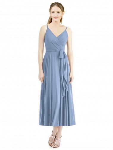 Soft Chiffon Spaghetti Straps A-Line Dusty Blue Bridesmaid Dress Derby