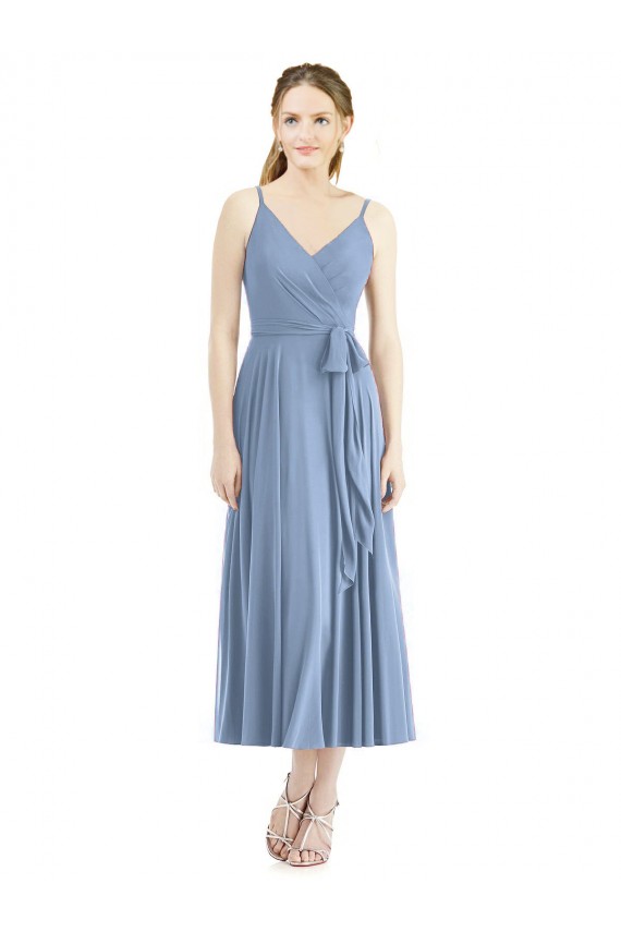 Soft Chiffon Spaghetti Straps A-Line Dusty Blue Bridesmaid Dress Derby