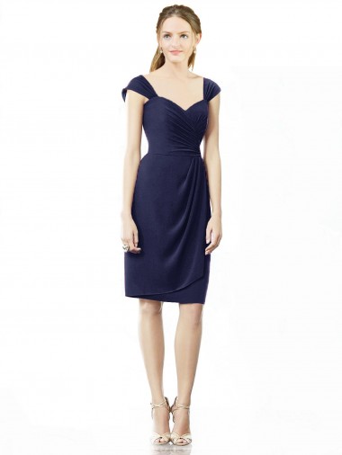 Soft Chiffon Sweetheart Knee Length Sheath Dark Navy Bridesmaid Dress Derby
