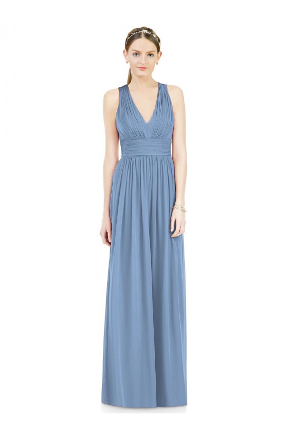 Chiffon V-Neck A-Line Dusty Blue Bridesmaid Gowns Derby