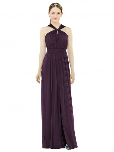 Soft Chiffon Halter Neck V-Back A-Line Grape Semi Formal Evening Dress / Bridesmaid Dress Derby