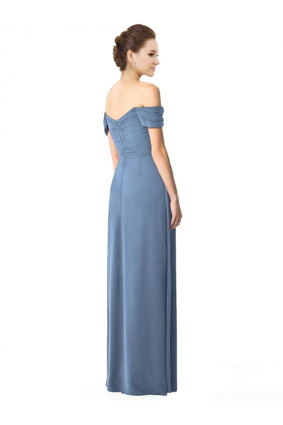 Soft Chiffon Off the Shoulder A-Line Dusty Blue Bridesmaid Dress Derby