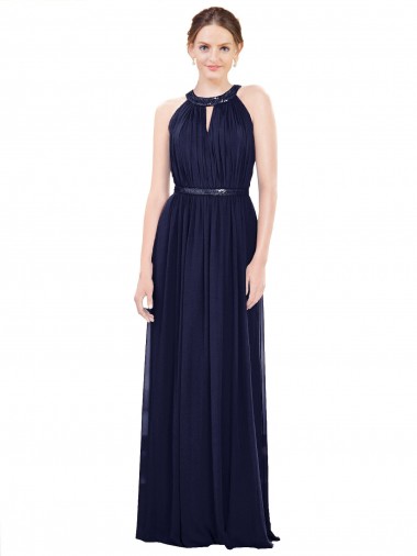 Soft Chiffon High Neck A-Line Dark Navy Bridesmaid Dress / Formal Dress Derby