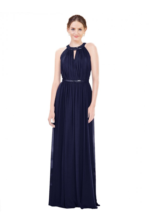 Soft Chiffon High Neck A-Line Dark Navy Bridesmaid Dress / Formal Dress Derby