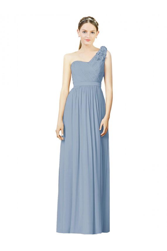 Soft Chiffon One Shoulder A-Line Dusty Blue Bridesmaid Dress Derby