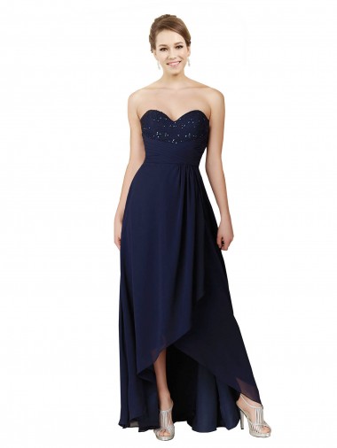 Soft Chiffon Sweetheart A-Line Dark Navy High Low Bridesmaid Dress Derby
