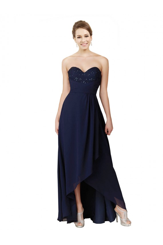 Soft Chiffon Sweetheart A-Line Dark Navy High Low Bridesmaid Dress Derby