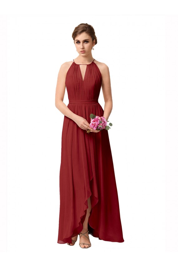Soft Chiffon High Neck A-Line Burgundy High Low Bridesmaid Dress Derby