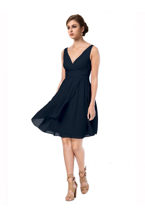 Soft Chiffon V-Neck Knee Length A-Line Dark Navy Bridesmaid Dress Derby