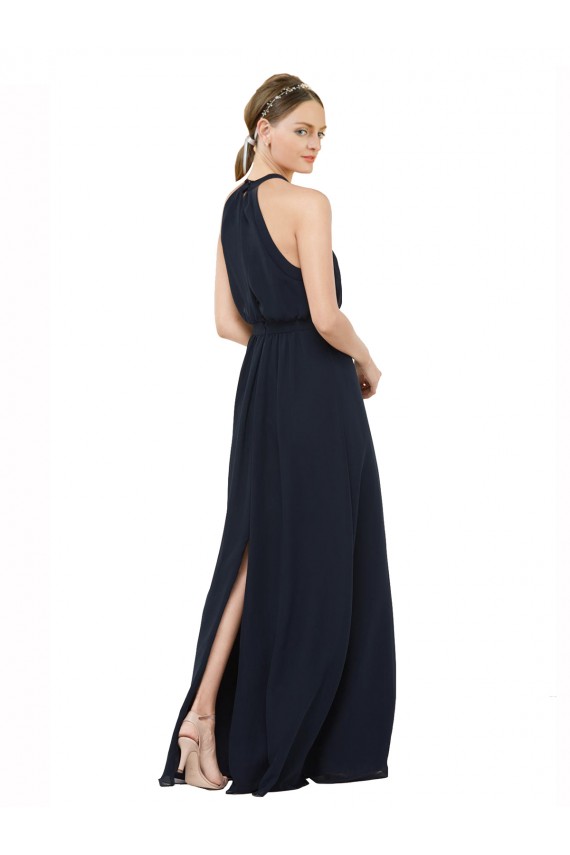 Chiffon High Neck A-Line Dark Navy Bridesmaid Dress Derby