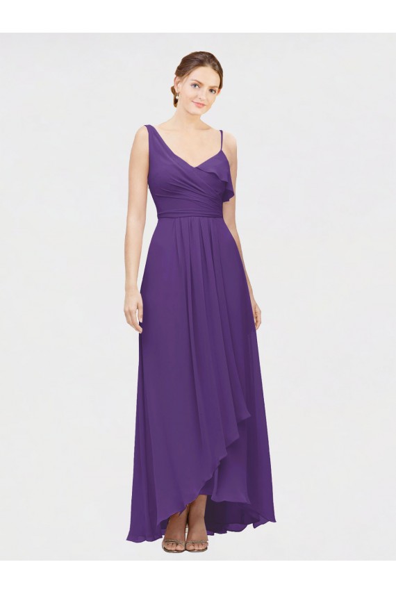 Soft Chiffon V-Neck A-Line Plum Purple High Low Bridesmaid Dress Derby