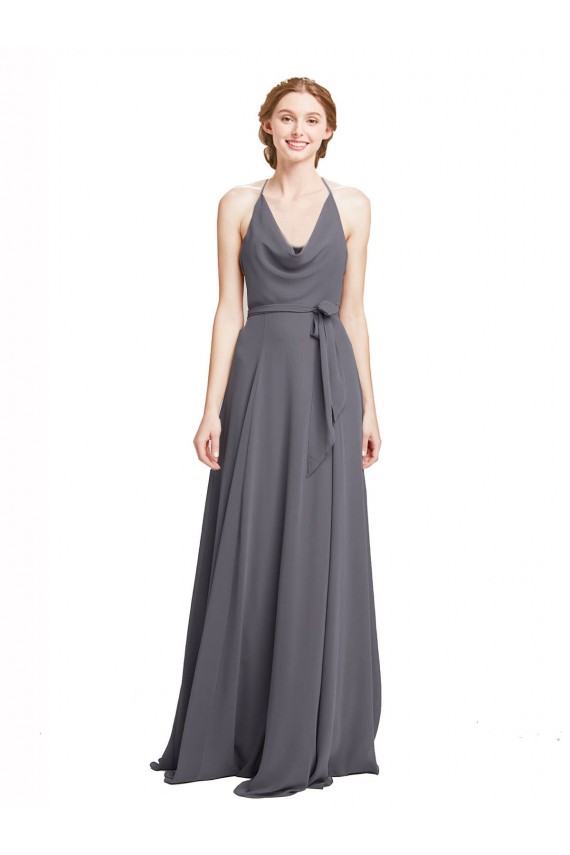 Soft Chiffon Halter Neck A-Line Slate Grey Bridesmaid Dress Derby