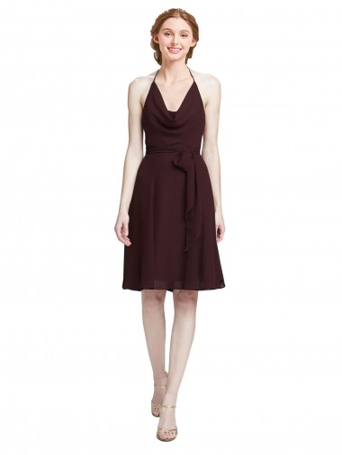 Soft Chiffon Halter Neck A-Line Burgundy Gold Bridesmaid Dress Derby