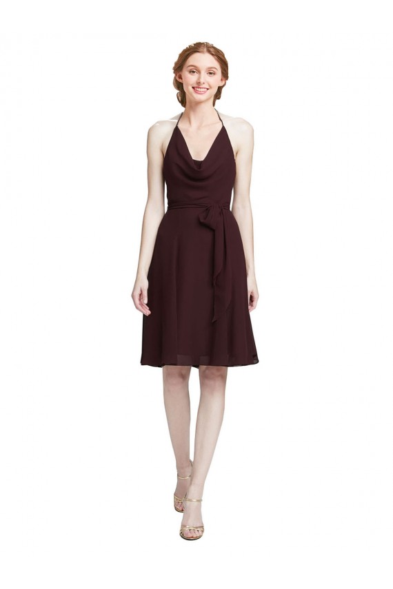 Soft Chiffon Halter Neck A-Line Burgundy Gold Bridesmaid Dress Derby