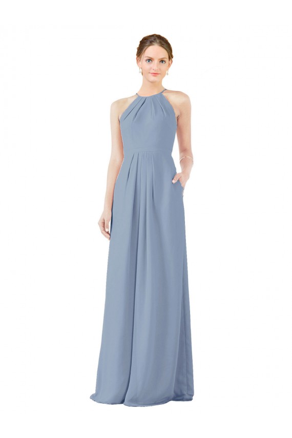 Soft Chiffon High Neck Keyhole Back Sheath Dusty Blue Bridesmaid Dress Derby
