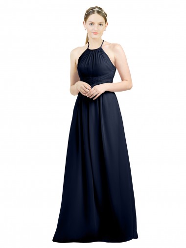 Soft Chiffon High Neck Open Back A-Line Dark Navy Evening Gowns / Bridesmaid Dress Derby