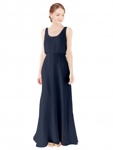 Soft Chiffon Scoop Neck Open Back A-Line Dark Navy Bridesmaid Dress Derby