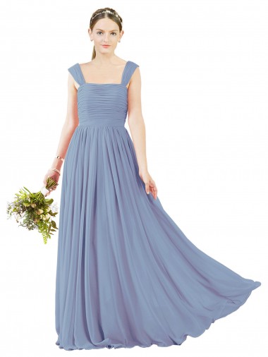 Soft Chiffon Square Neck Open Back A-Line Dusty Blue Bridesmaid Dress Derby