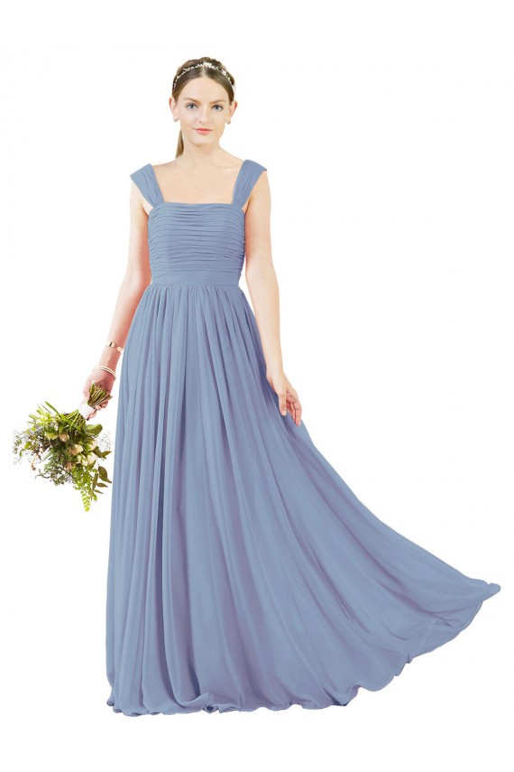 Soft Chiffon Square Neck Open Back A-Line Dusty Blue Bridesmaid Dress Derby