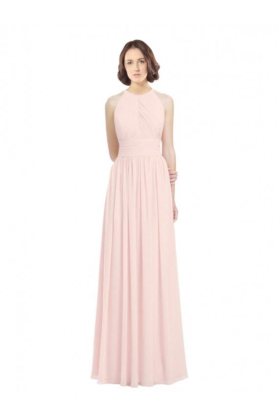 Soft Chiffon Halter Neck Keyhole Back A-Line Pink Bridesmaid Dress Derby
