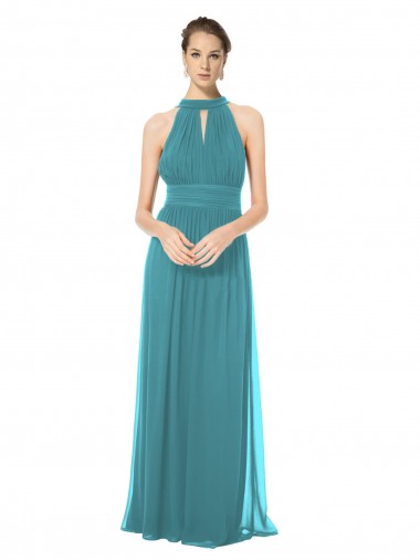 Soft Chiffon Halter Neck Keyhole Back A-Line Hunter Bridesmaid Dress Derby