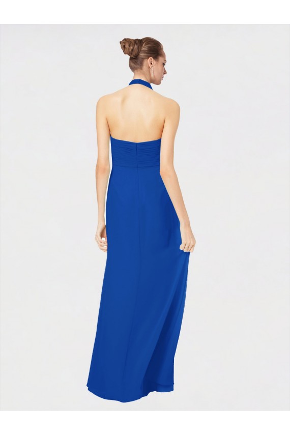 Chiffon Halter Neck Low Back A-Line Royal Blue Bridesmaid Dress Derby