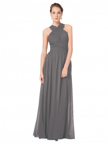 Soft Chiffon Halter Neck Keyhole Back A-Line Stormy Silver Bridesmaid Dress Derby