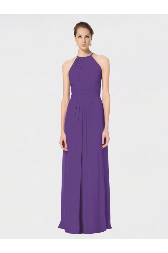 Soft Chiffon Halter Neck Open Back A-Line Plum Purple Bridesmaid Dress Derby