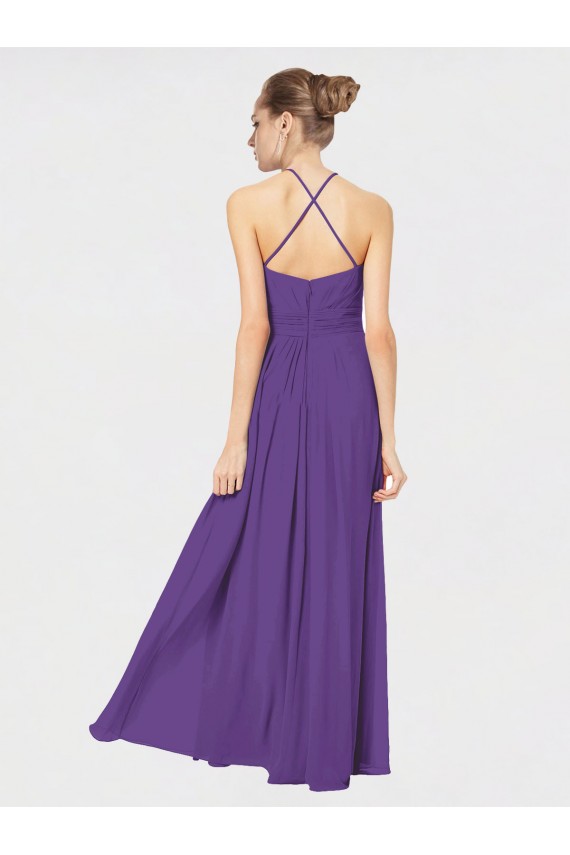 Soft Chiffon Halter Neck Open Back A-Line Plum Purple Bridesmaid Dress Derby