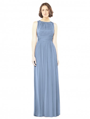 Soft Chiffon Bateau Neck Keyhole Back A-Line Dusty Blue Bridesmaid Dress Derby