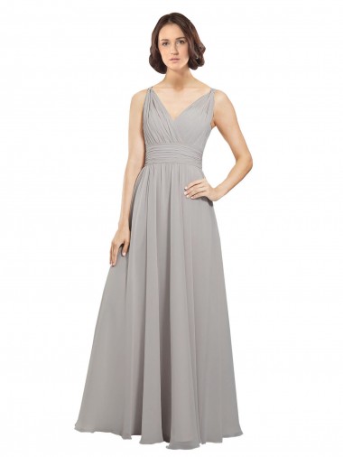 Soft Chiffon V-Neck V-Back A-Line Oyster Silver Bridesmaid Dress Derby