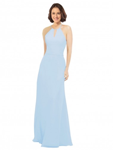 Soft Chiffon Halter Neck A-Line Light Sky Blue Wedding Party Dress Derby