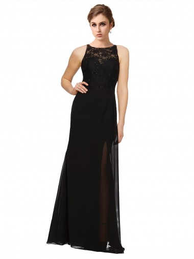 Soft Chiffon & Lace High Neck Sheath Black Bridesmaid Dress Derby