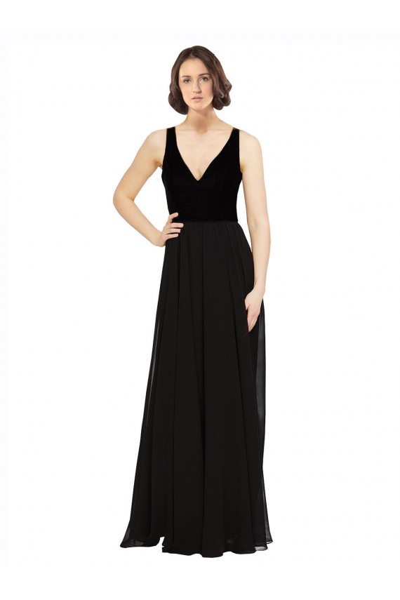 Soft Chiffon & Velvet V-Neck V-Back A-Line Black Prom Dress / Bridesmaid Dress Derby