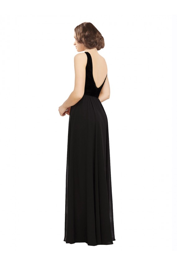 Soft Chiffon & Velvet V-Neck V-Back A-Line Black Prom Dress / Bridesmaid Dress Derby