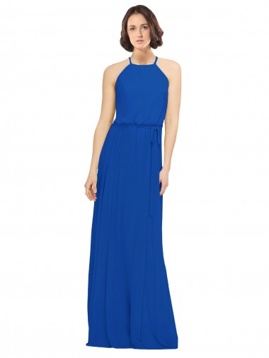 Soft Chiffon Jewel Neck A-Line Royal Blue Bridal Party Dress Derby