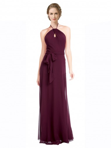 Soft Chiffon Halter Neck Low Back A-Line Burgundy Evening Dress / Bridesmaid Dress Derby