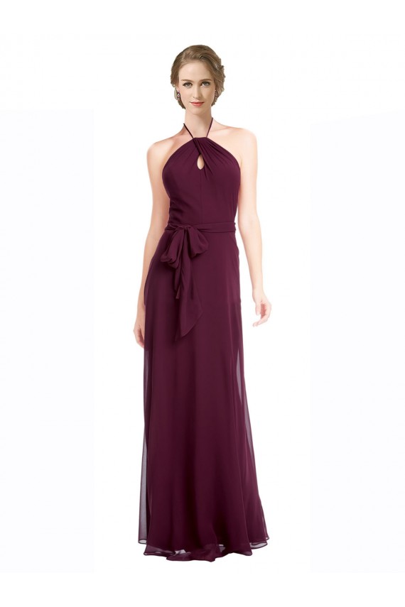 Soft Chiffon Halter Neck Low Back A-Line Burgundy Evening Dress / Bridesmaid Dress Derby