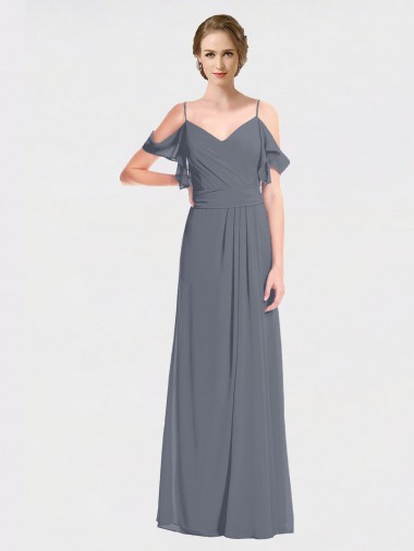 Soft Chiffon V-Neck V-Back A-Line Slate Grey Bridesmaid Dress Derby