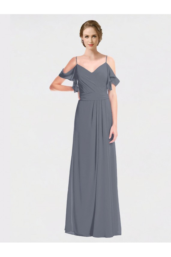 Soft Chiffon V-Neck V-Back A-Line Slate Grey Bridesmaid Dress Derby
