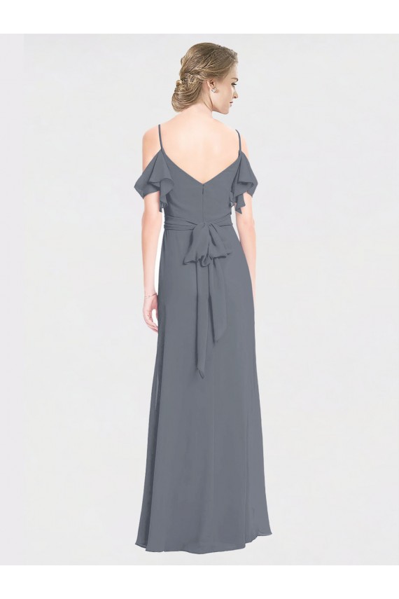 Soft Chiffon V-Neck V-Back A-Line Slate Grey Bridesmaid Dress Derby