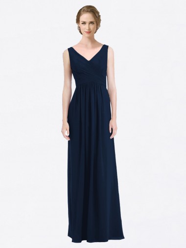 Soft Chiffon V-Neck Low Back A-Line Dark Navy Evening Gowns / Bridesmaid Dress Derby