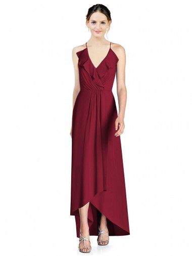 Soft Chiffon V-Neck Open Back A-Line Burgundy High Low Bridesmaid Dress Derby