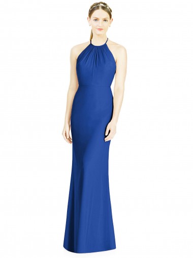 Soft Chiffon High Neck Open Back Trumpet Royal Blue Bridesmaid Dress Derby