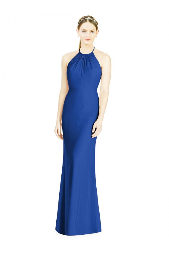 Soft Chiffon High Neck Open Back Trumpet Royal Blue Bridesmaid Dress Derby